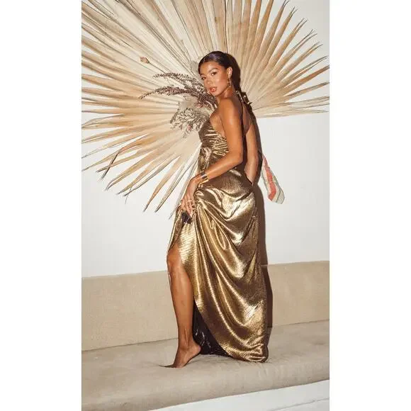 green emerald velvet dress Gold Metallic Pleated Maxi Dress main image 1